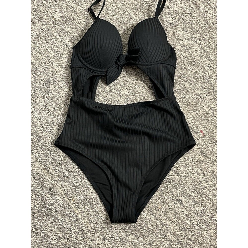 Women's Shore Light Lift Ribbed Tie Front Cut Out One Piece Swimsuit 34B black - Picture 9 of 13